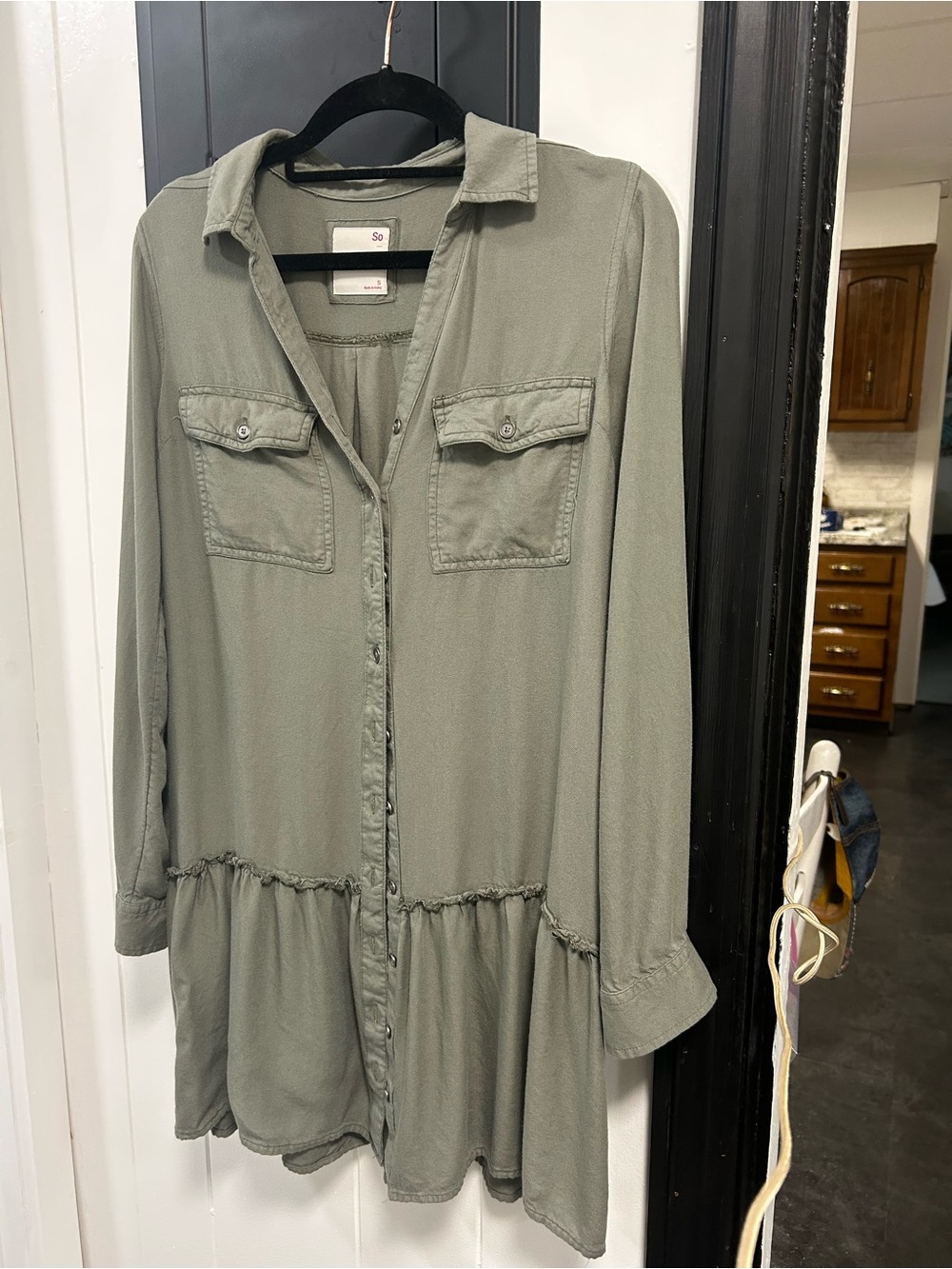 SO Olive Green Button-Front Tiered Shirt Dress